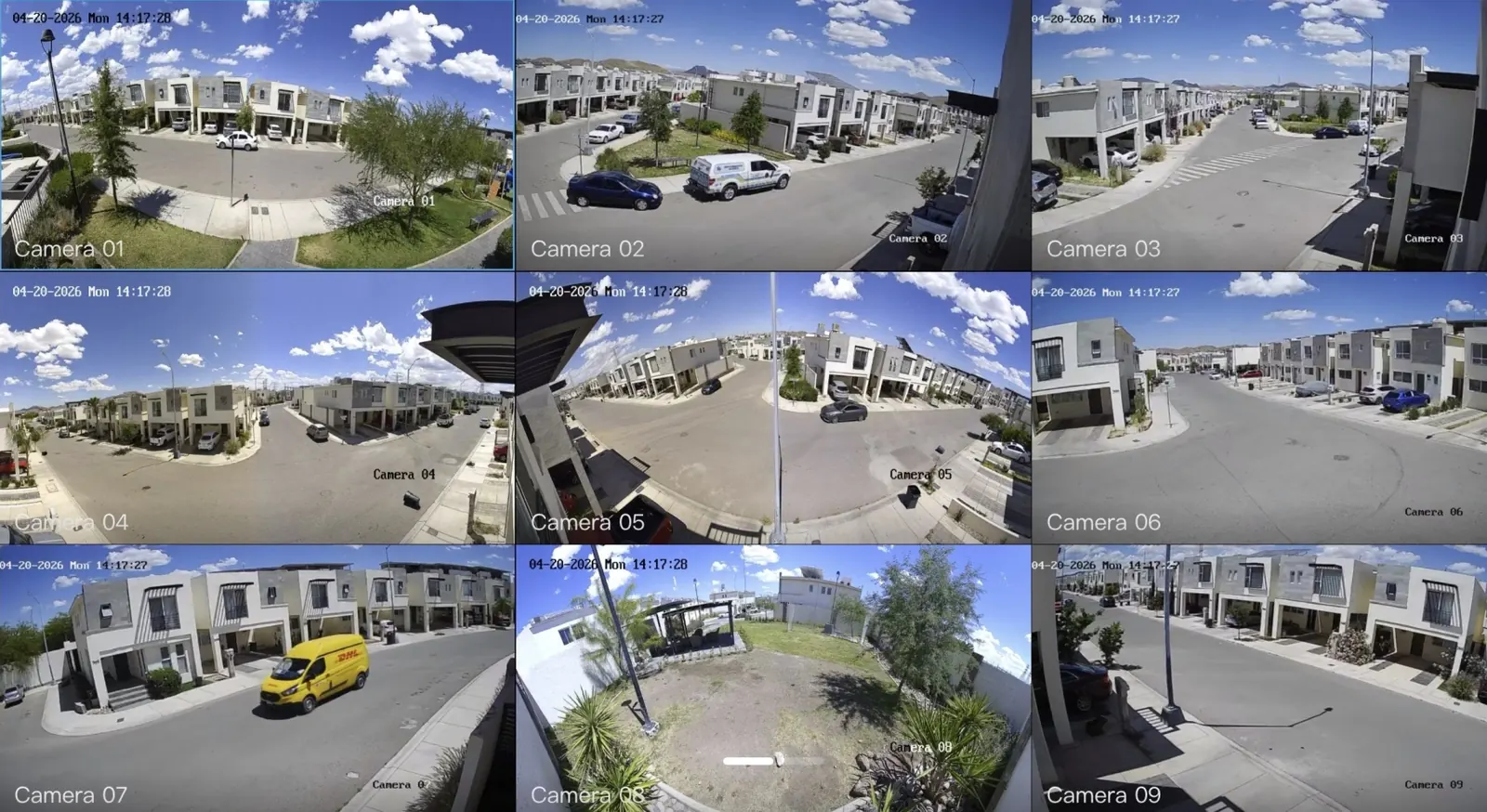 Pantalla de grabador con nueve cámaras vigilando calles de un fraccionamiento